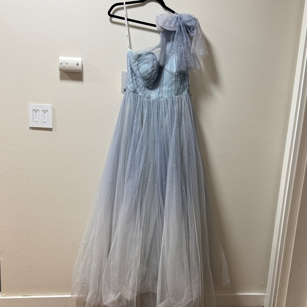 Mac Duggal Blue Glitter One-Shoulder Ombre Gown with Bow